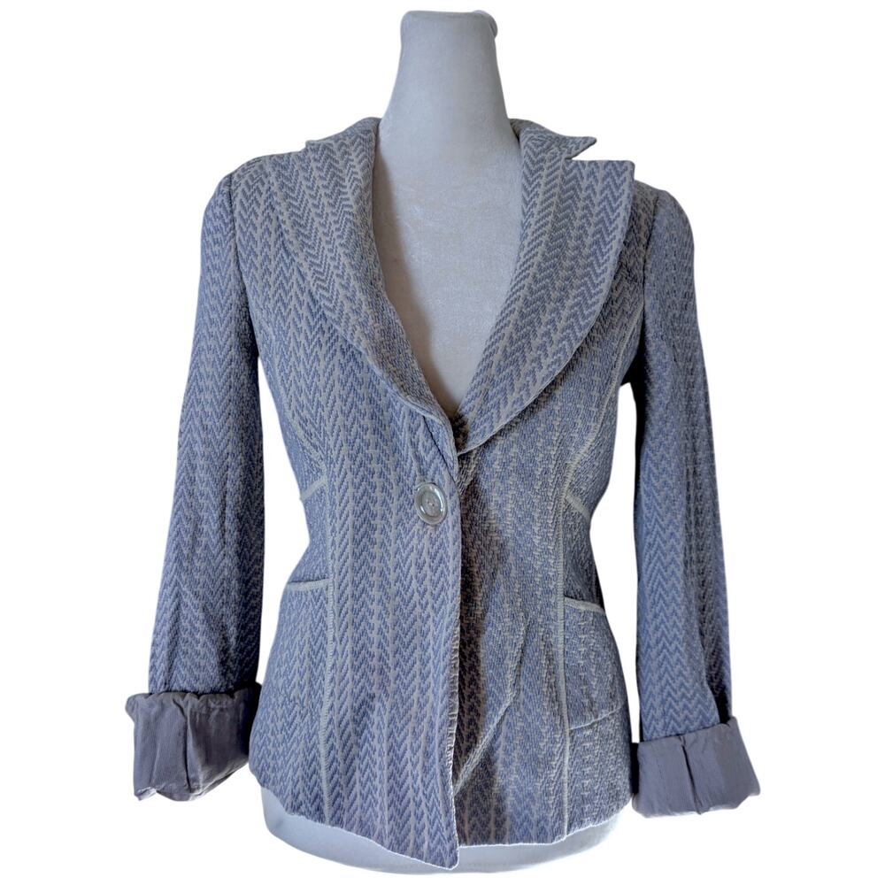 Armani Collezioni Vintage Blue Silk Flax Herringbone Blazer Sz 4